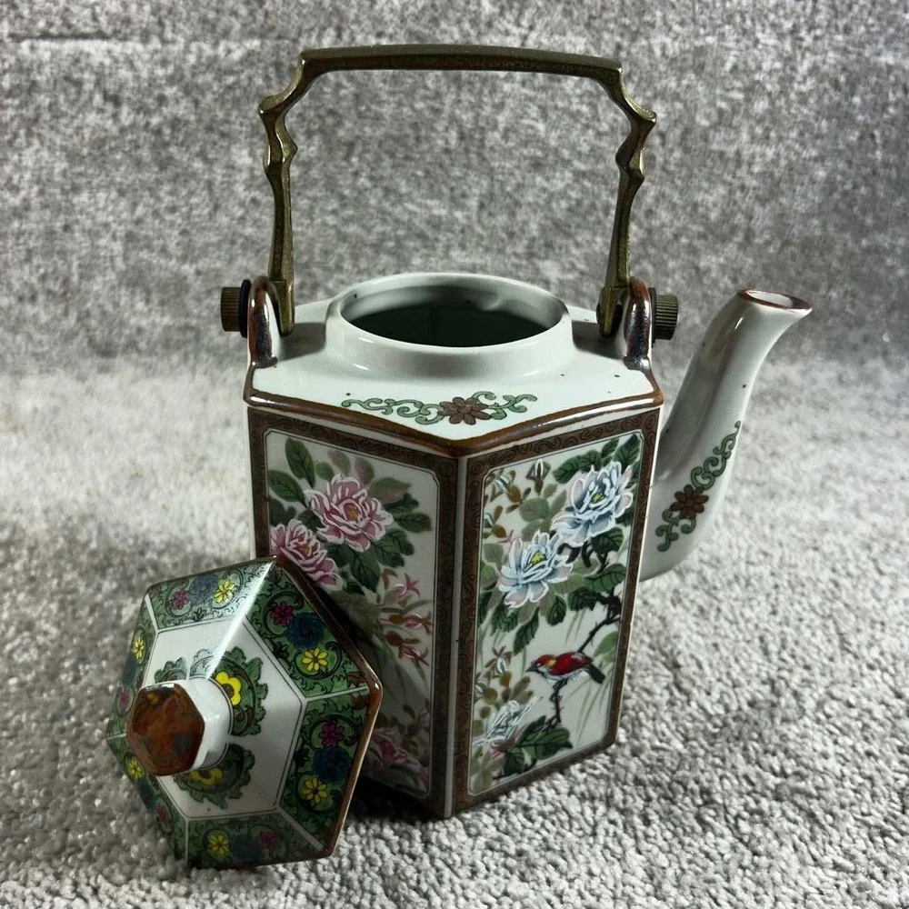 Andrea by Sadek Teapot White Floral Bird Hexagonal Brass Handle Japan Vintage